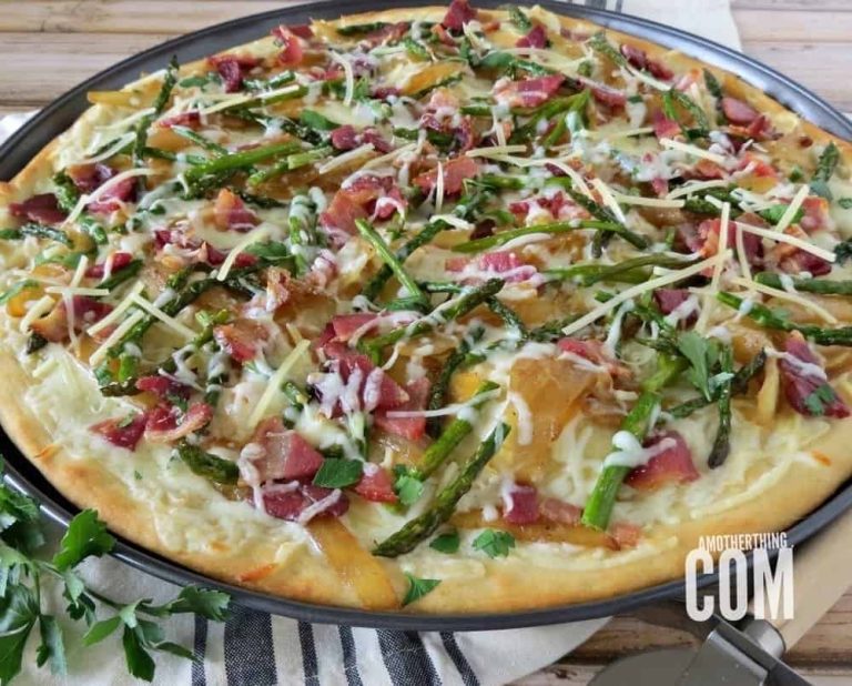 Roasted Asparagus, Caramelized Onion and Bacon Pizza! The most perfect family meal you can make at home!